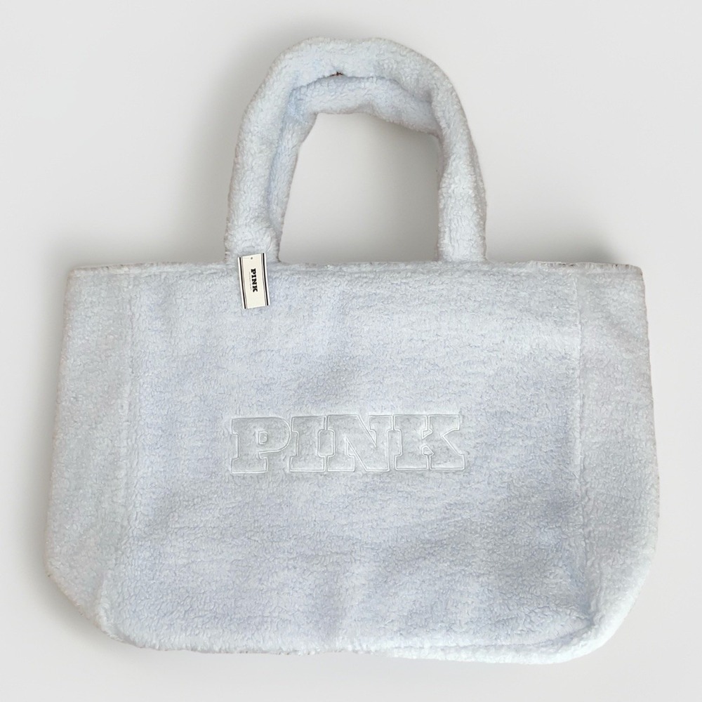 NWT Victoria's Secret PINK‎ Plush Teddy Sherpa Large Tote Bag Zip In Light Blue